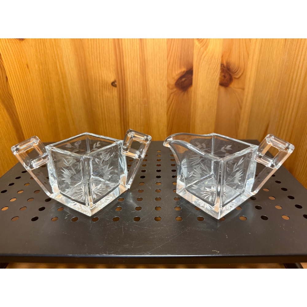 Vintage Etched Glass Creamer & Sugar Bowl Set Square Handles Floral Design